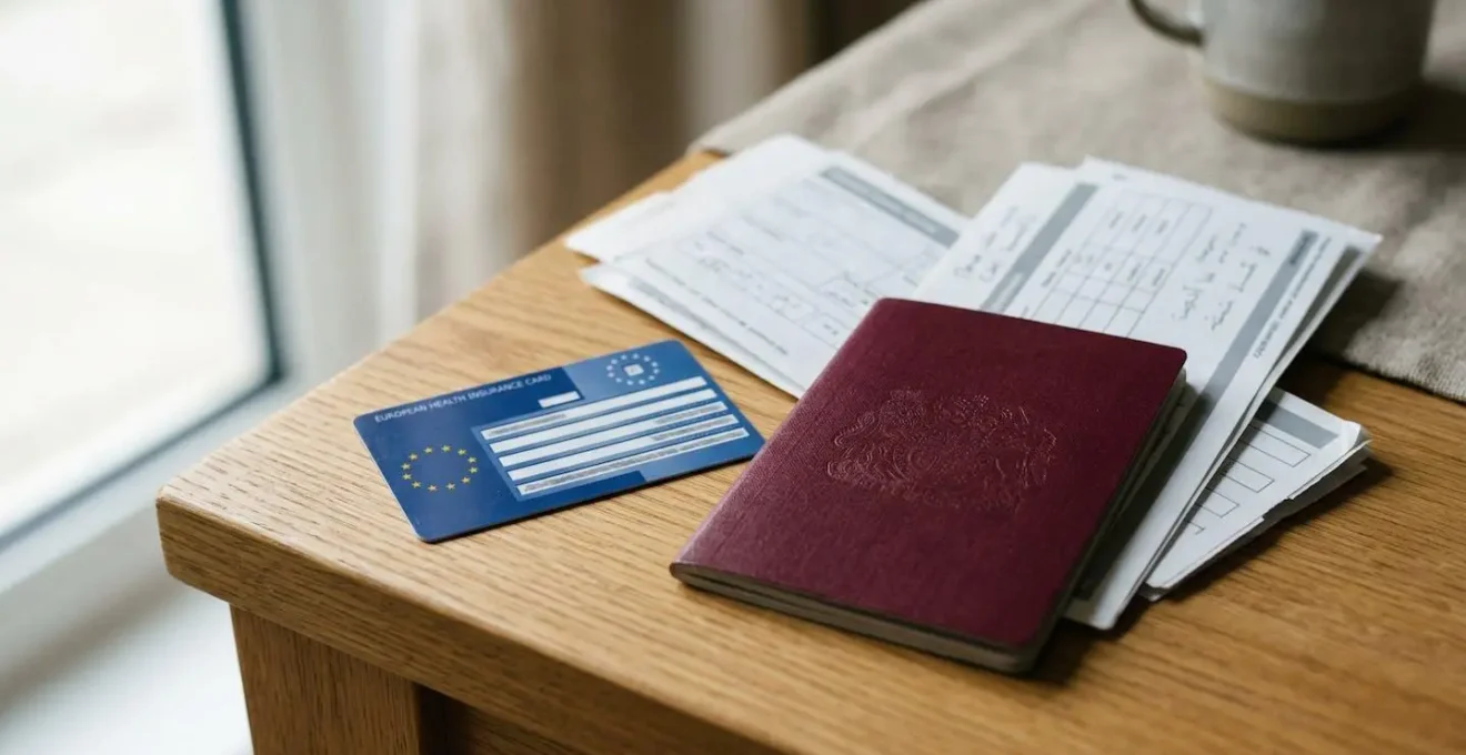 Carte européenne d'assurance maladie CEAM posée sur une table avec passeport et documents de voyage pour un week-end en Europe