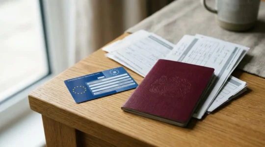 Carte européenne d'assurance maladie CEAM posée sur une table avec passeport et documents de voyage pour un week-end en Europe