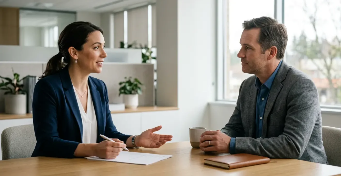 Conseiller bancaire présentant des documents d'assurance à un client dans un bureau moderne