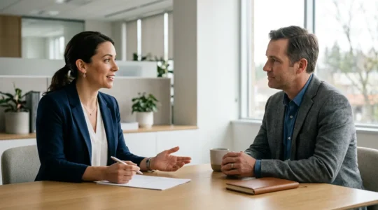 Conseiller bancaire présentant des documents d'assurance à un client dans un bureau moderne