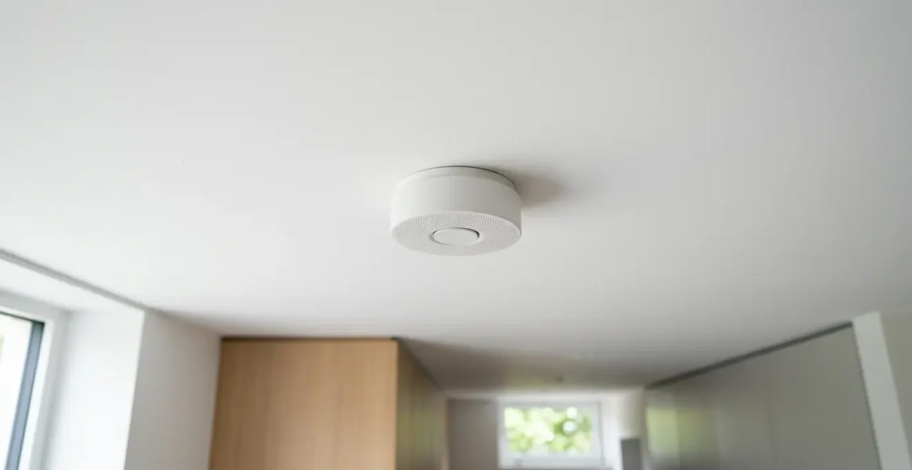 Détecteur de fumée DAAF installé au plafond d'un intérieur moderne assurant la sécurité incendie domestique