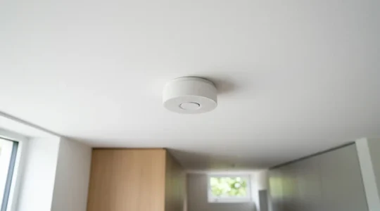 Détecteur de fumée DAAF installé au plafond d'un intérieur moderne assurant la sécurité incendie domestique