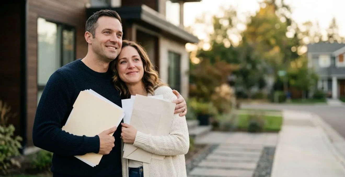 Couple devant leur nouvelle maison tenant des documents de prêt immobilier