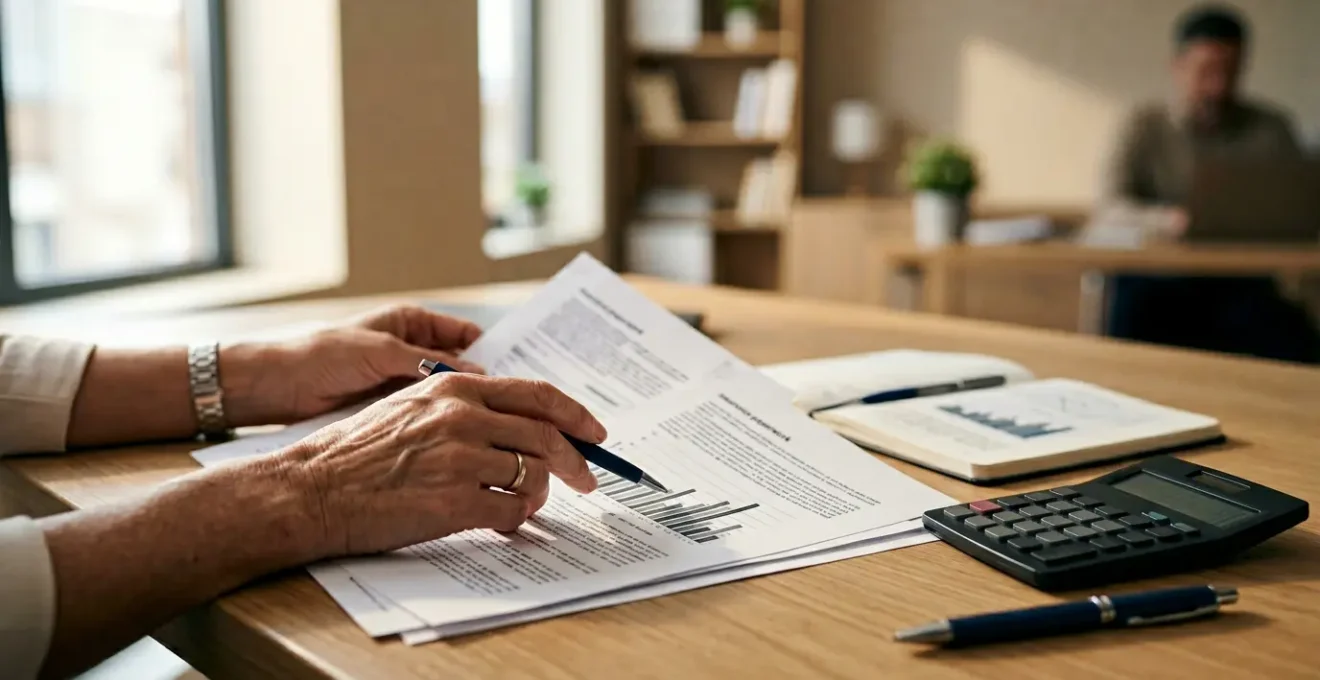 Professionnel analysant des documents d'assurance avec calculatrice et graphiques d'économies