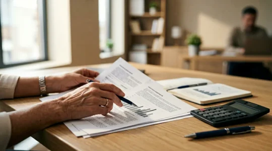 Professionnel analysant des documents d'assurance avec calculatrice et graphiques d'économies