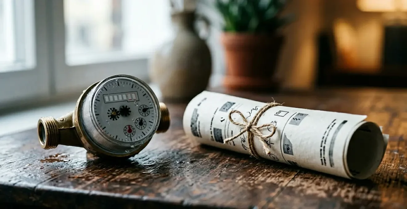 Compteur d'eau moderne et facture d'eau posés sur une surface illustrant la protection de la loi Warsmann en cas de fuite invisible