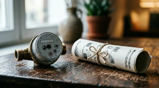 Compteur d'eau moderne et facture d'eau posés sur une surface illustrant la protection de la loi Warsmann en cas de fuite invisible