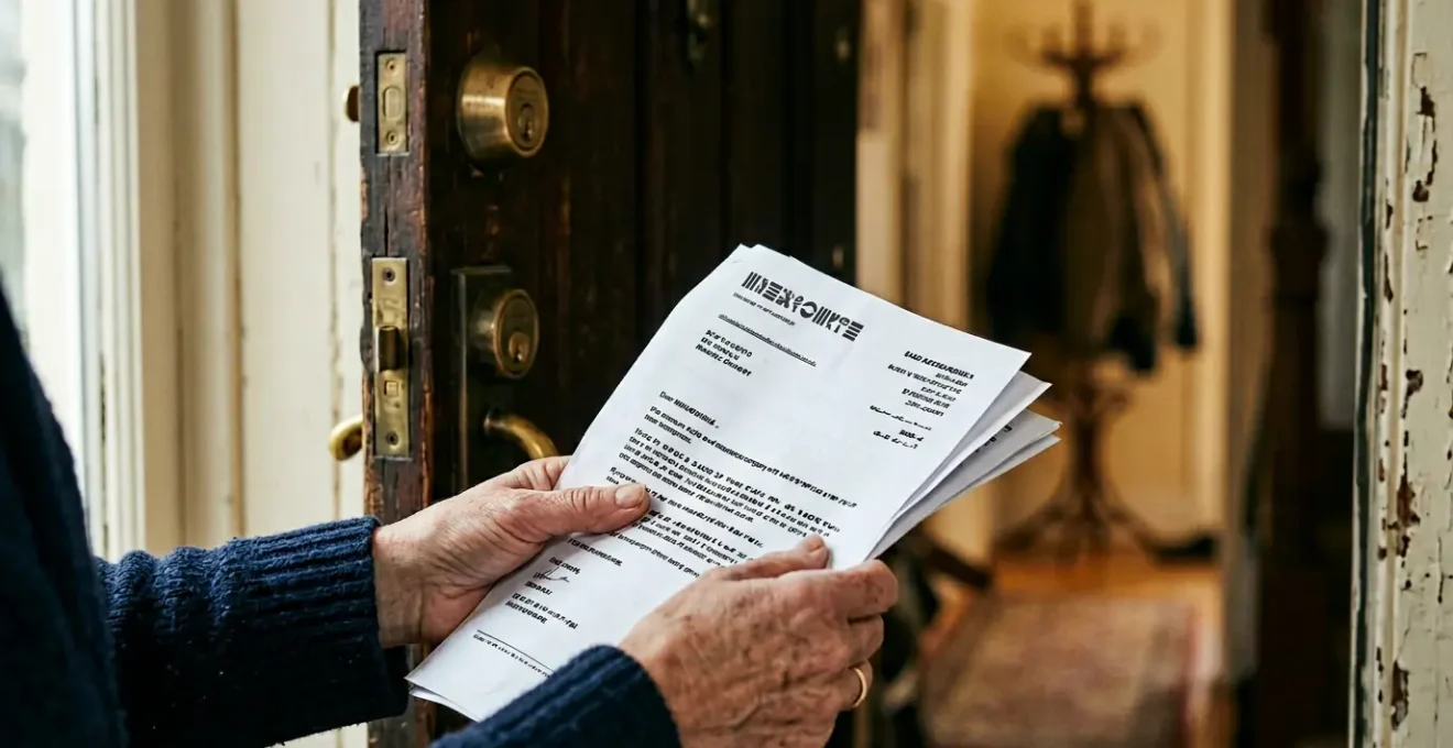 Une personne tenant un document d'indemnisation après cambriolage avec porte abîmée visible en arrière-plan