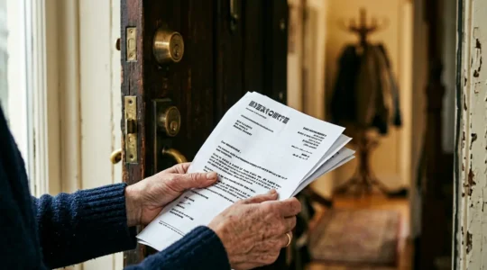 Une personne tenant un document d'indemnisation après cambriolage avec porte abîmée visible en arrière-plan