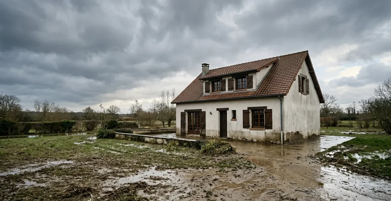 Maison résidentielle avec traces d'inondation récente, représentant une situation d'urgence en assurance habitation