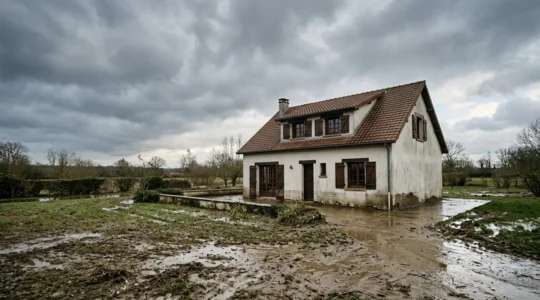 Maison résidentielle avec traces d'inondation récente, représentant une situation d'urgence en assurance habitation