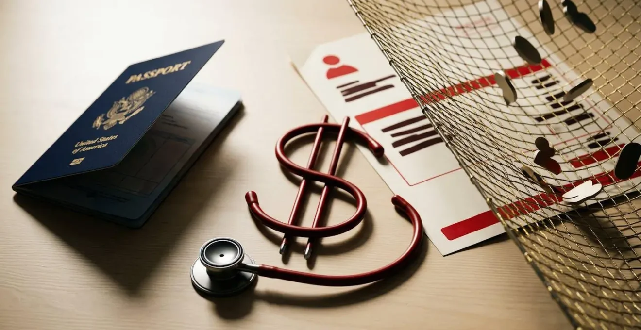 Passeport américain et documents d'assurance voyage illustrant les risques financiers aux États-Unis