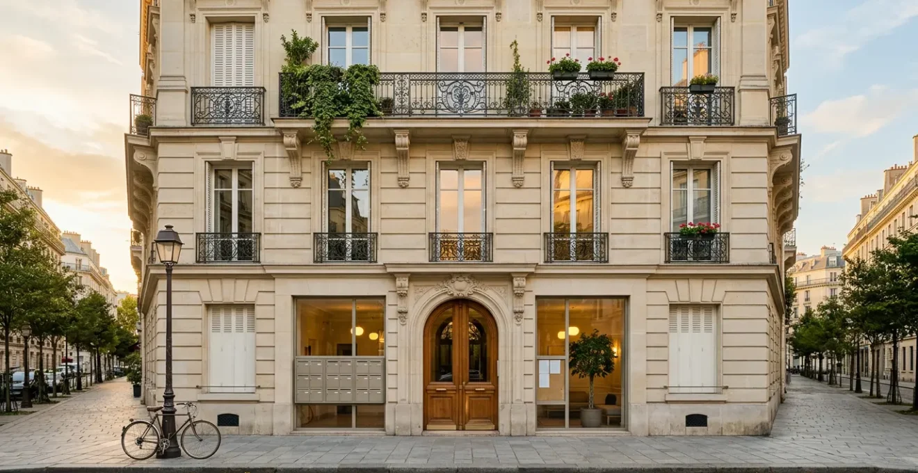 Façade d'immeuble en copropriété avec entrée principale et boîtes aux lettres symbolisant les responsabilités partagées des copropriétaires