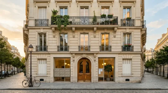 Façade d'immeuble en copropriété avec entrée principale et boîtes aux lettres symbolisant les responsabilités partagées des copropriétaires