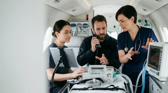 Équipe médicale préparant un transport sanitaire d'urgence dans un environnement médical professionnel