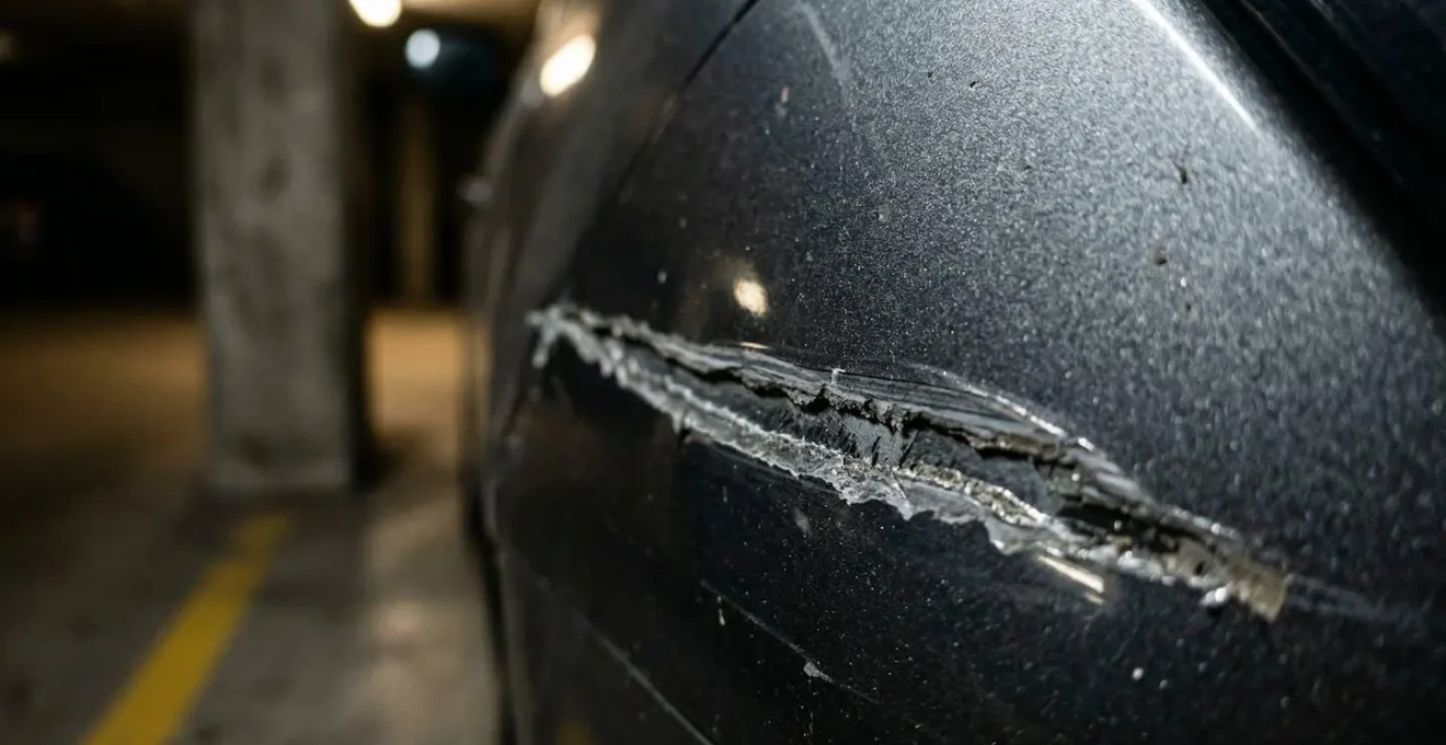 Gros plan sur une rayure récente le long de la portière d'une voiture stationnée dans un parking souterrain, illustrant le dilemme de la déclaration de sinistre