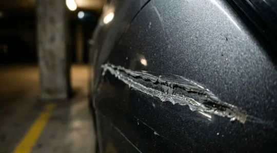 Gros plan sur une rayure récente le long de la portière d'une voiture stationnée dans un parking souterrain, illustrant le dilemme de la déclaration de sinistre