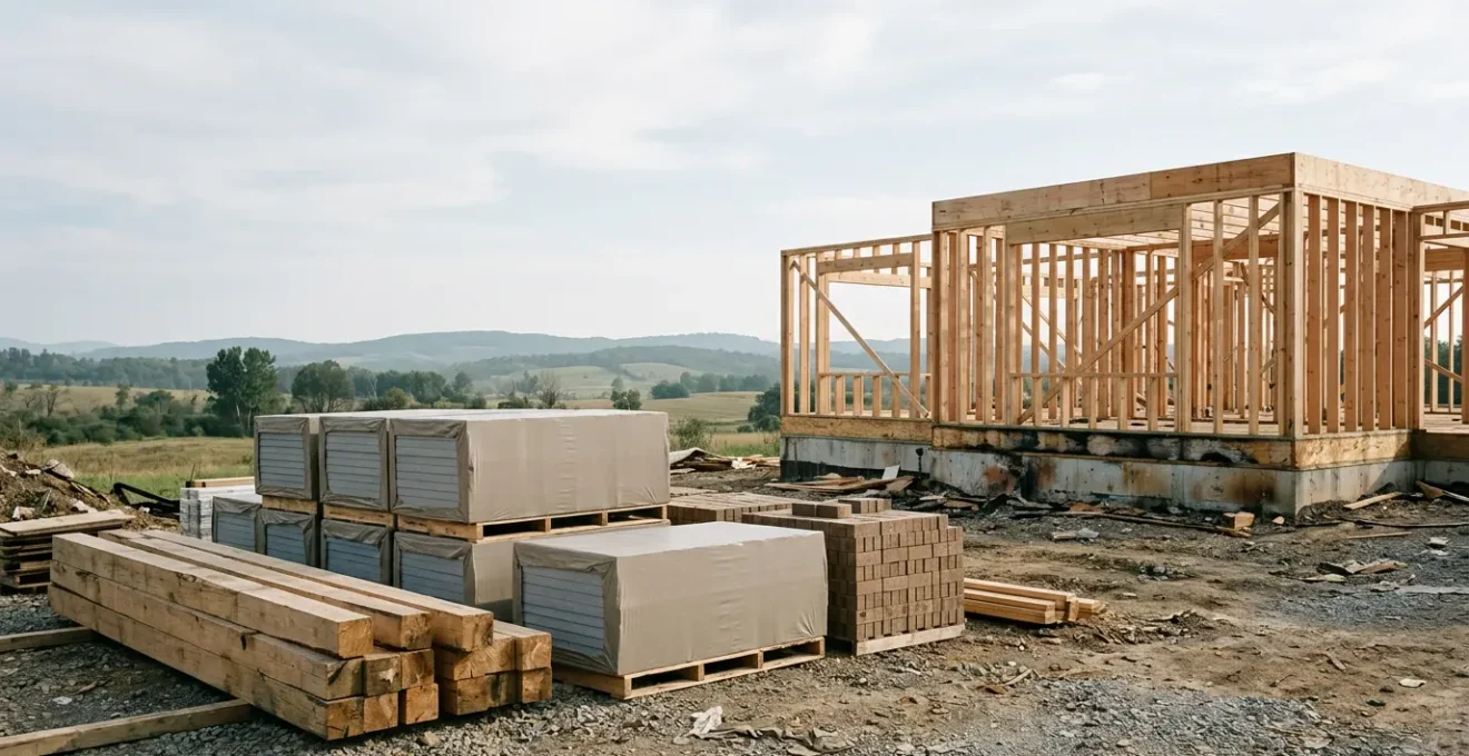 Chantier de reconstruction d'une maison après un incendie avec matériaux de construction