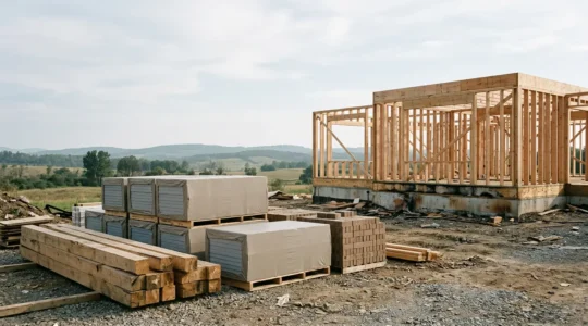 Chantier de reconstruction d'une maison après un incendie avec matériaux de construction