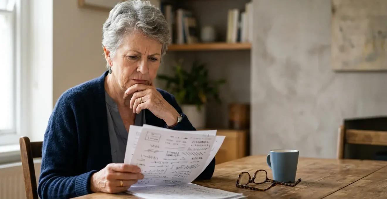 Senior examinant des documents de mutuelle santé avec expression de préoccupation face à l'augmentation des tarifs