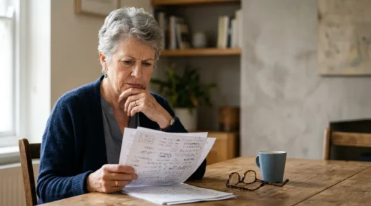 Senior examinant des documents de mutuelle santé avec expression de préoccupation face à l'augmentation des tarifs