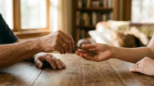 Scène symbolisant la transmission patrimoniale sécurisée entre générations par l'assurance vie