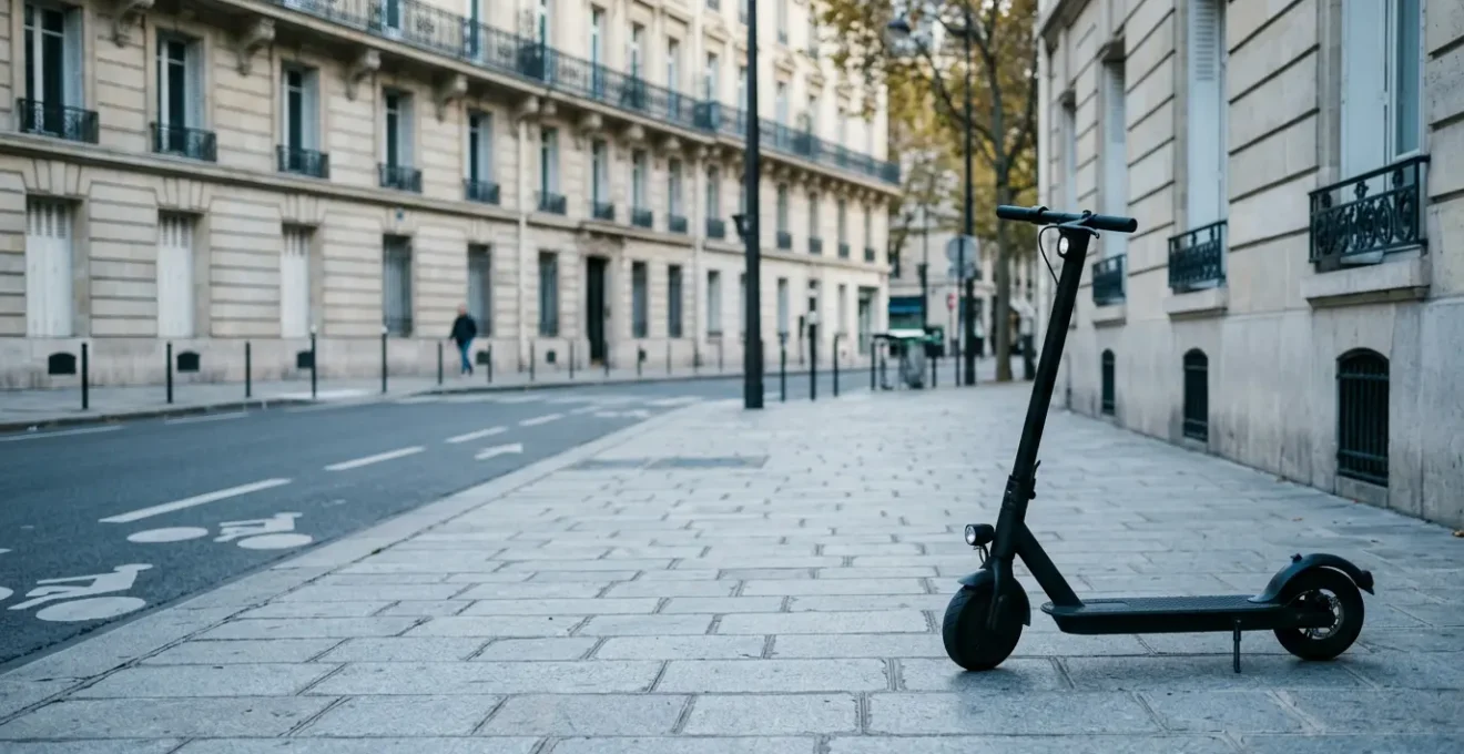 Une trottinette électrique stationnée dans un environnement urbain français illustrant les enjeux de l'assurance