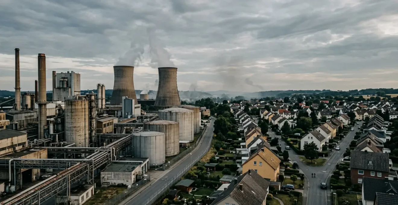 Zone industrielle avec site SEVESO et habitations environnantes sous un ciel dramatique symbolisant les risques technologiques