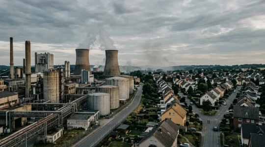 Zone industrielle avec site SEVESO et habitations environnantes sous un ciel dramatique symbolisant les risques technologiques