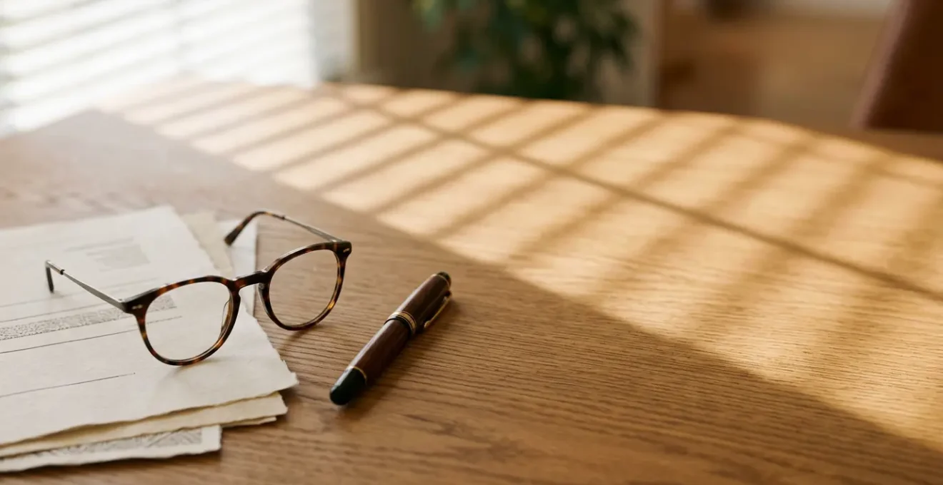 Scène professionnelle montrant un document de devis d'assurance automobile sur un bureau, avec des lunettes et un stylo, dans une lumière naturelle douce