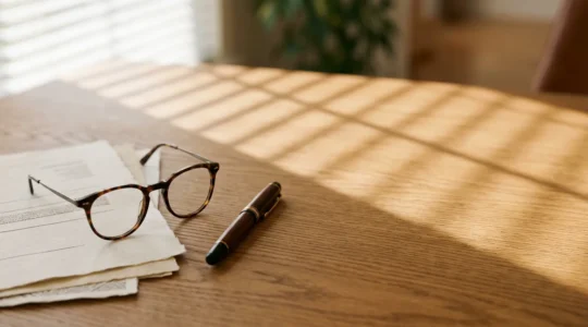 Scène professionnelle montrant un document de devis d'assurance automobile sur un bureau, avec des lunettes et un stylo, dans une lumière naturelle douce