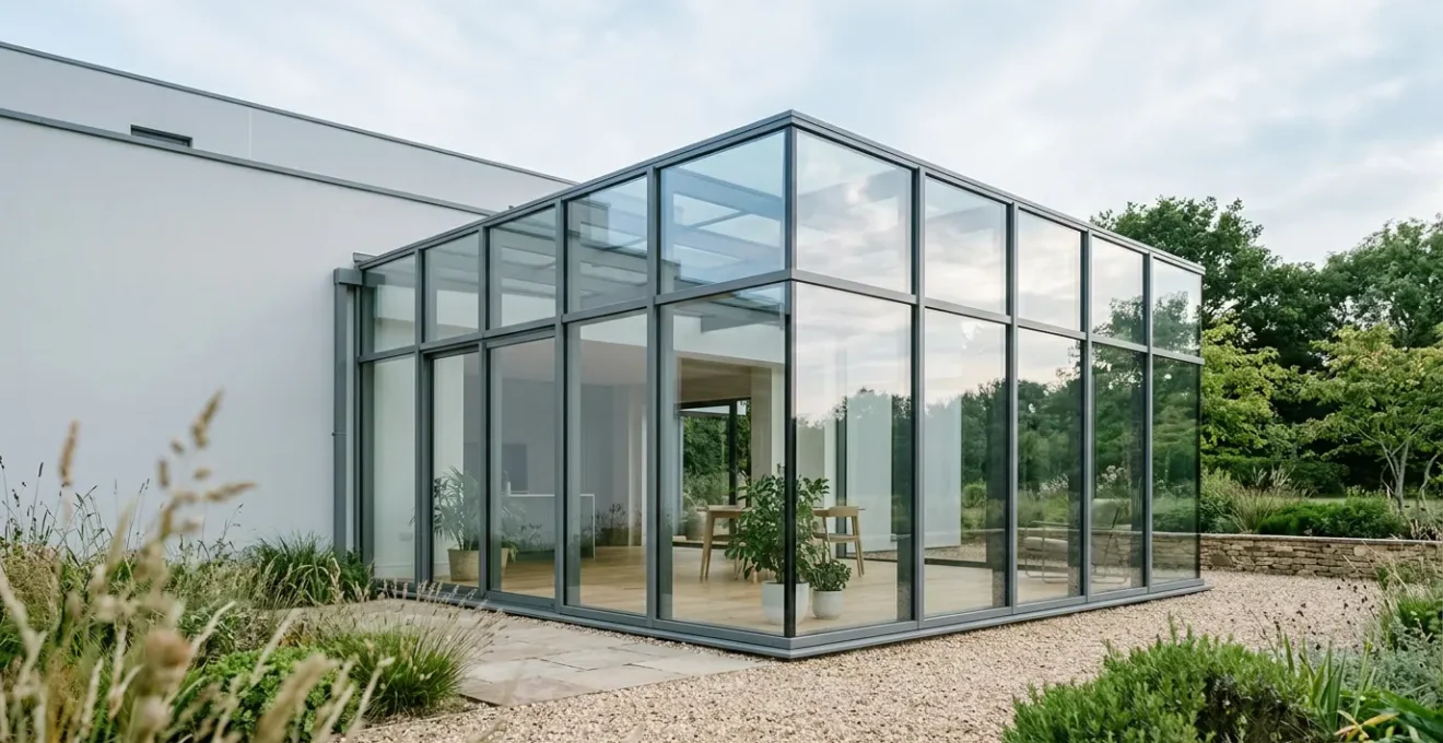 Véranda moderne avec grandes surfaces vitrées en double vitrage captant la lumière naturelle
