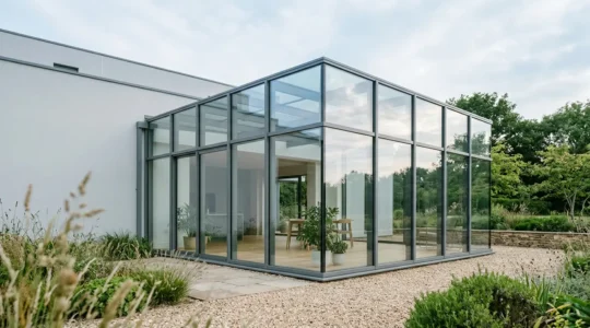 Véranda moderne avec grandes surfaces vitrées en double vitrage captant la lumière naturelle