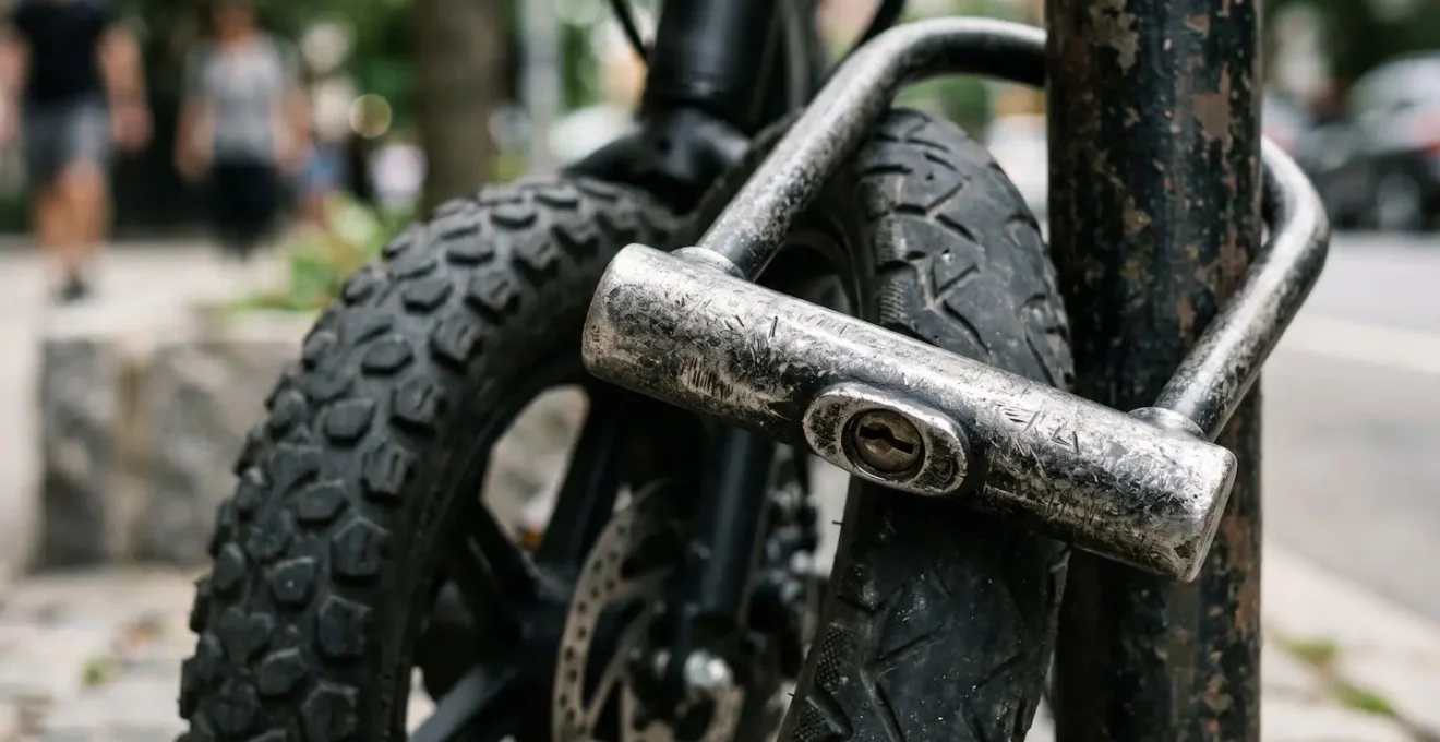 Gros plan sur un antivol robuste fixant une trottinette à un point d'ancrage urbain illustrant les exigences des assureurs