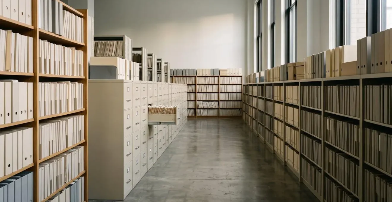 Archives de dossiers administratifs symbolisant la recherche de contrats d'assurance oubliés