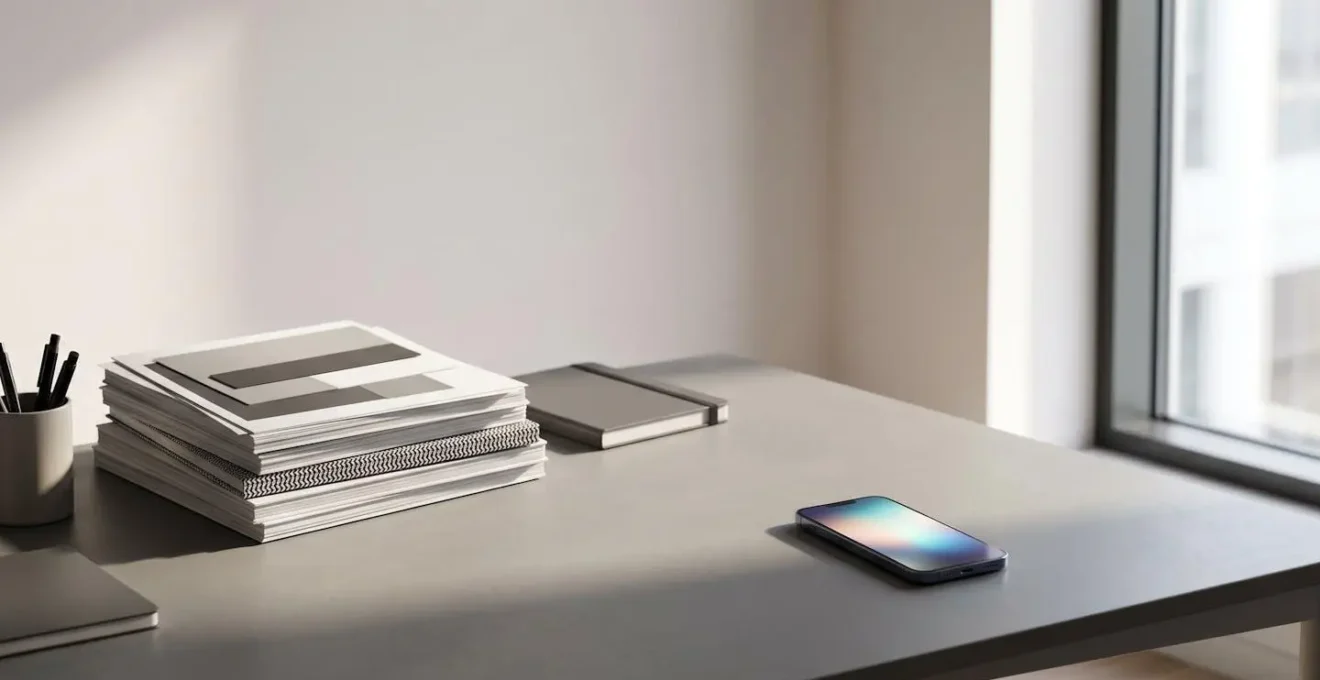 Vue grand angle minimaliste d'un espace de travail épuré avec documents administratifs disposés de manière organisée, dans une lumière naturelle douce