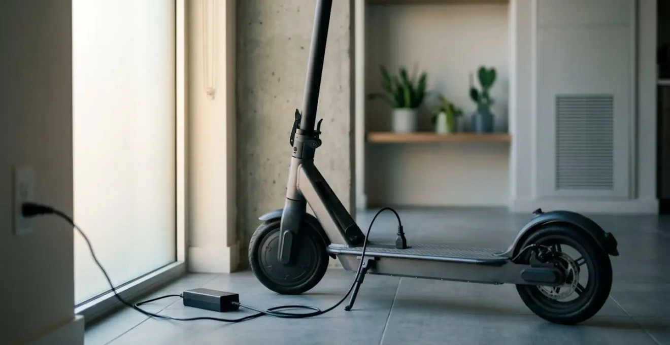 Trottinette électrique en charge sur une surface ininflammable dans un espace bien ventilé illustrant les bonnes pratiques de sécurité