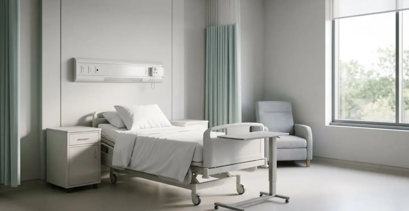 Chambre d'hôpital baignée de lumière naturelle avec ambiance calme et épurée