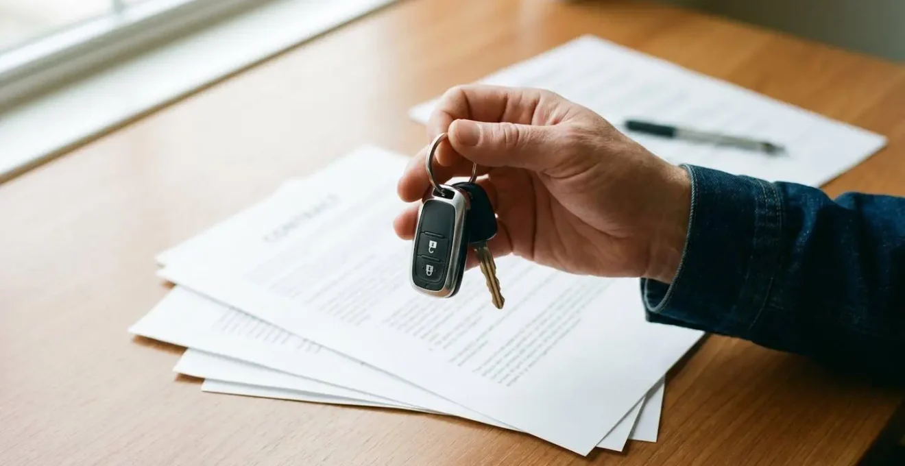 Main tenant des clés de voiture au-dessus d'un bureau avec des documents de contrat d'assurance illustrant la clause véhicule de courtoisie