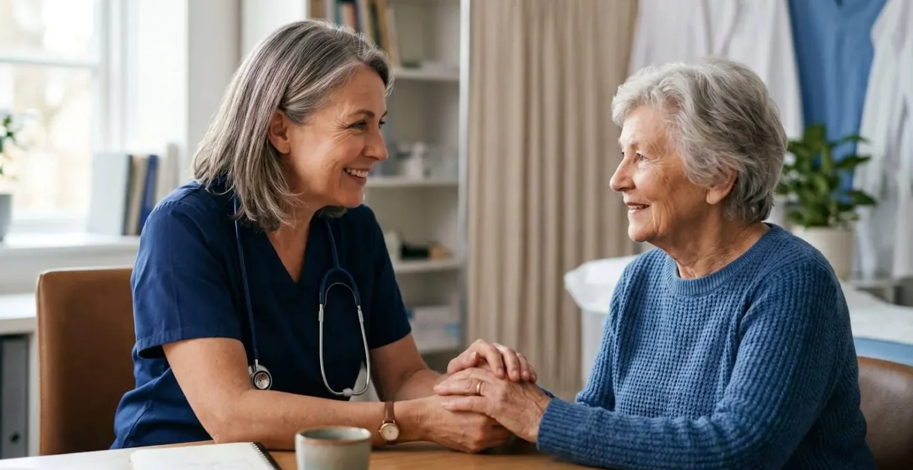 Scène humaine et chaleureuse illustrant la qualité de la relation soignant-patient dans un centre de santé mutualiste