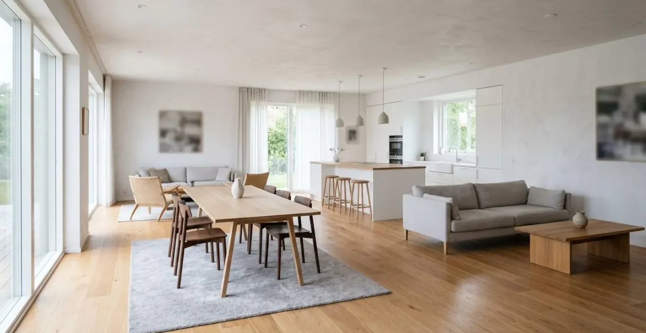 Vue d'ensemble d'une cuisine ouverte sur un salon moderne formant une seule grande pièce
