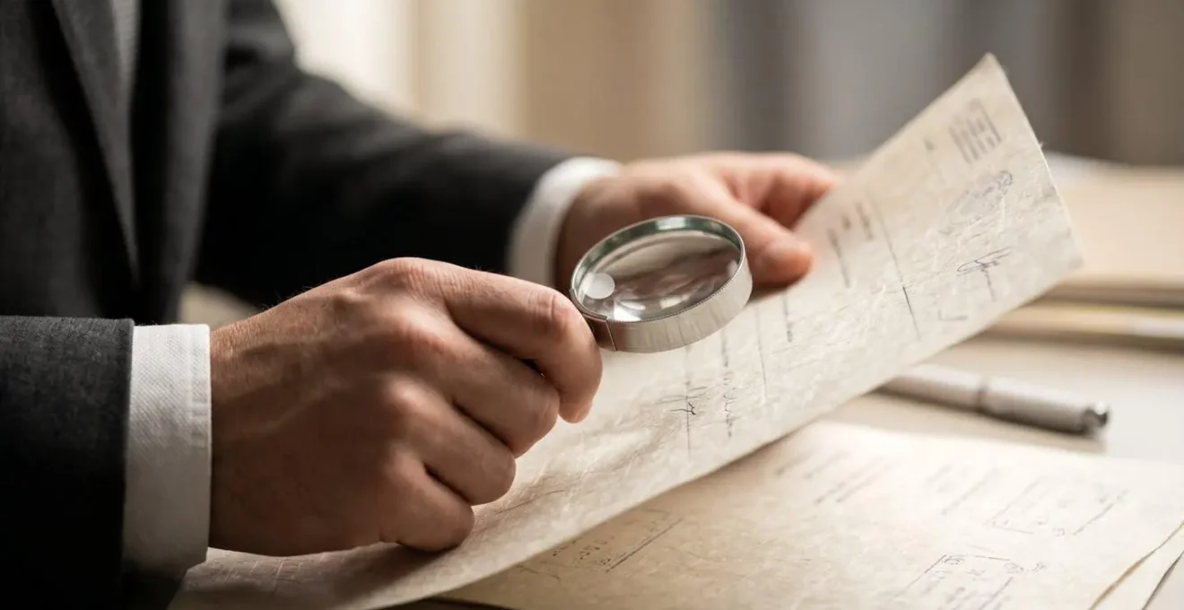 Gros plan sur des mains analysant des documents administratifs avec une loupe sous un éclairage de bureau