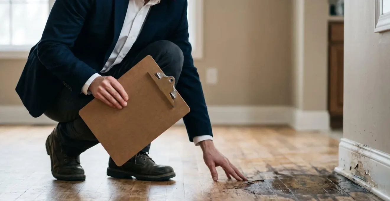 Expert d'assurance examinant une zone endommagée avant autorisation de recherche destructive de fuite