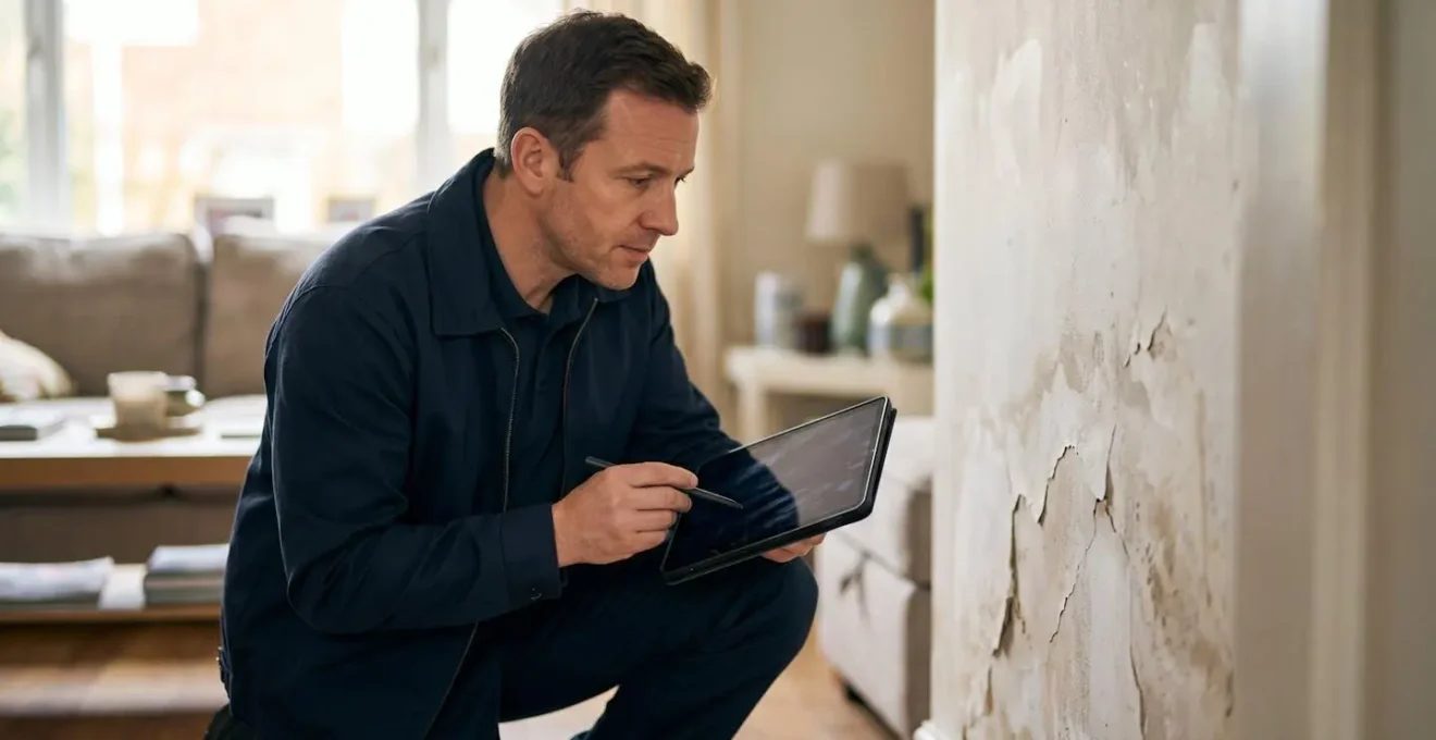 Expert en assurance évaluant des dommages lors d'une visite à domicile