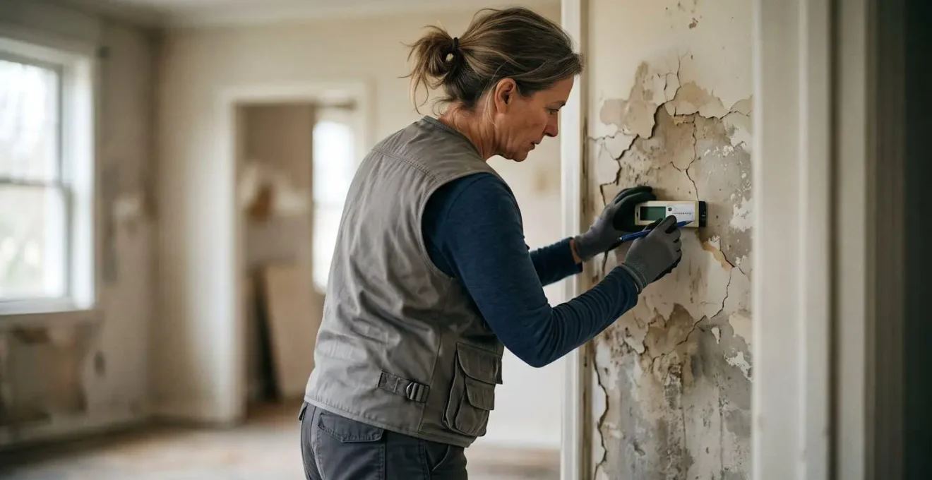 Expert immobilier évaluant des dommages structurels dans une maison endommagée avec équipement professionnel