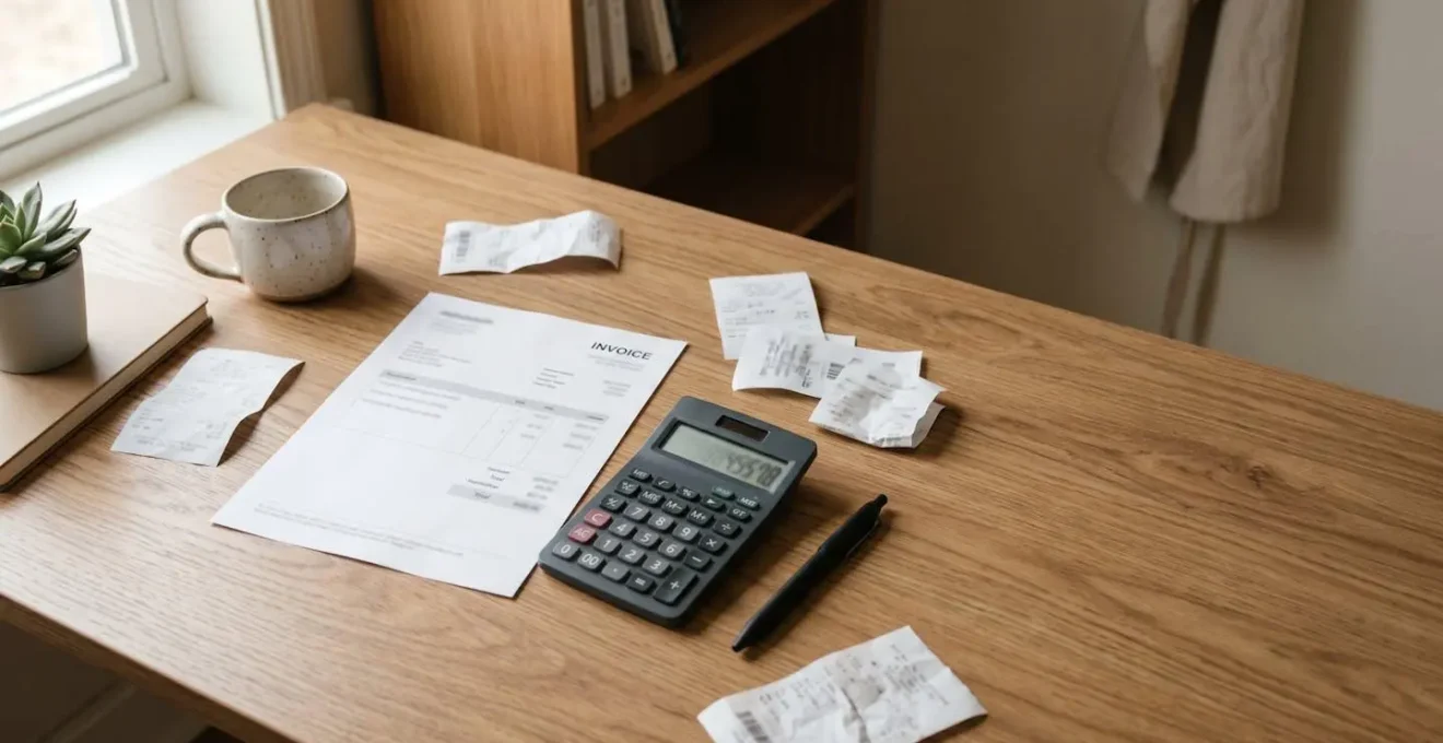 Document de facture de serrurier posé sur une table avec calculatrice et stylo, illustrant un litige de surfacturation