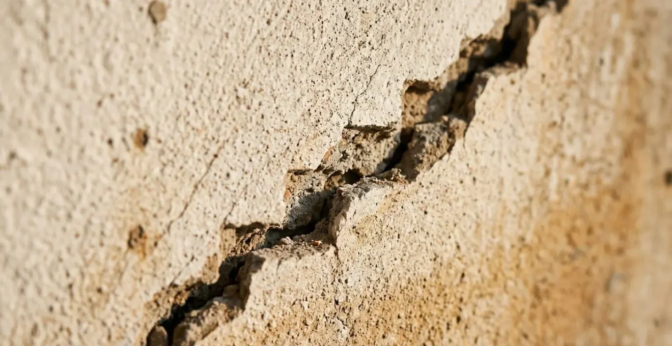 Photographie macro d'une fissure en escalier sur un mur causée par le retrait-gonflement des argiles