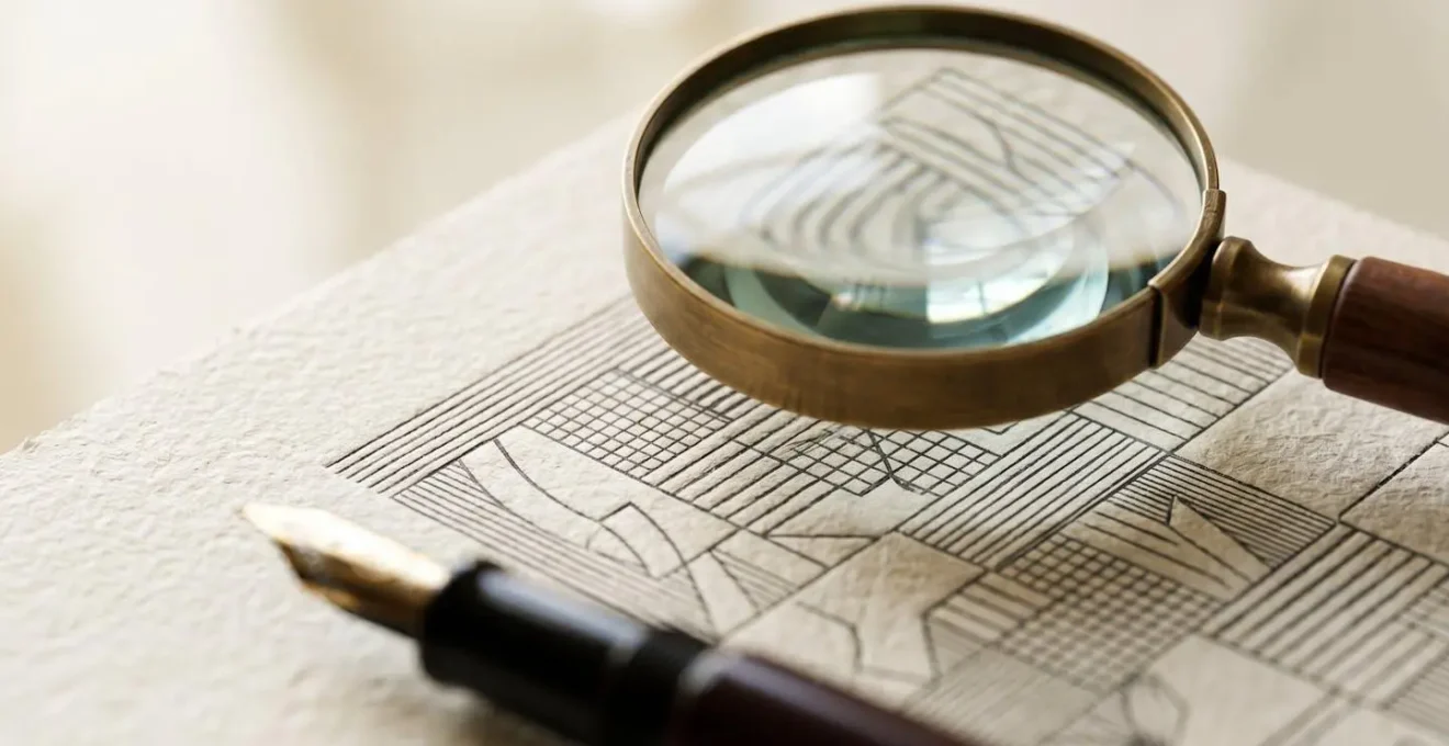 Gros plan macro sur un document d'assurance avec une loupe révélant des détails textuels fins, dans une lumière de studio contrôlée