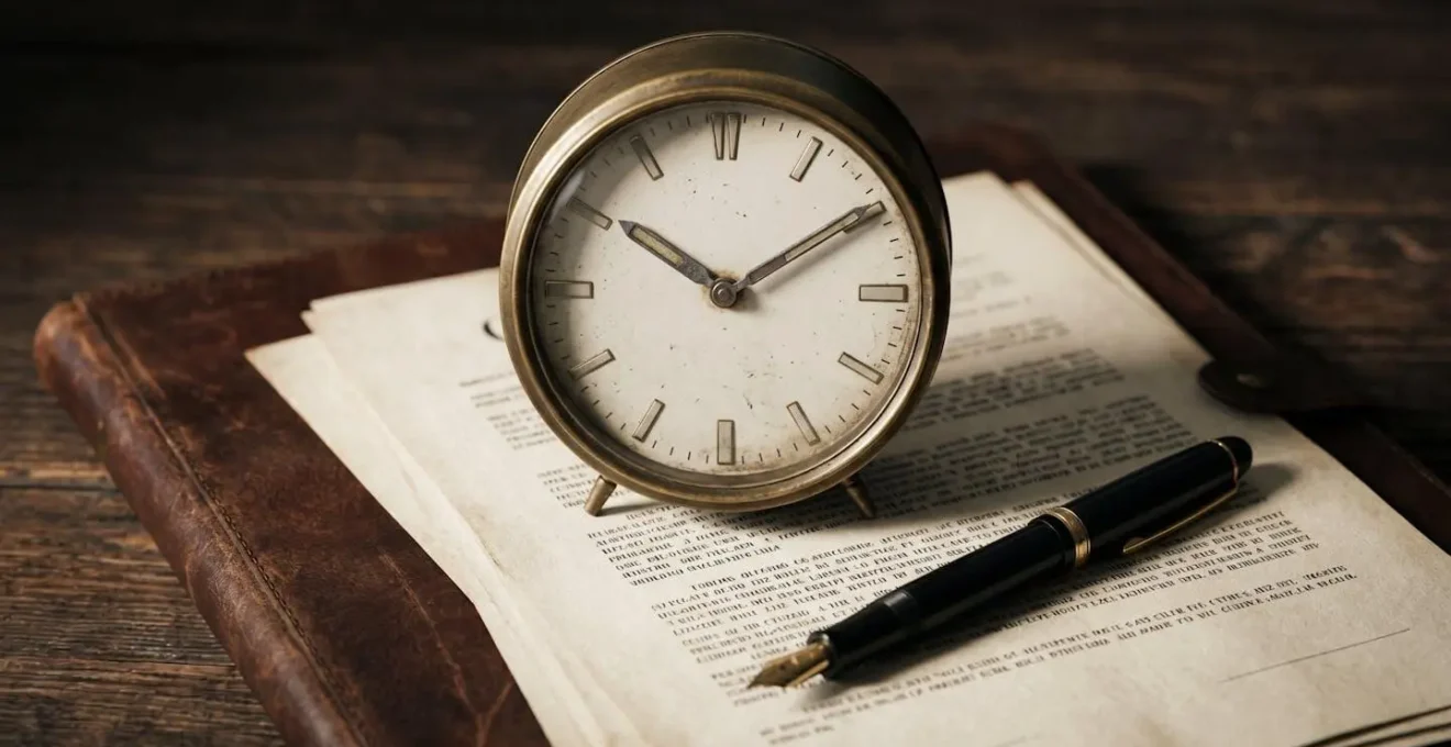 Composition symbolisant l'urgence du délai de déclaration avec documents administratifs et notion de temps
