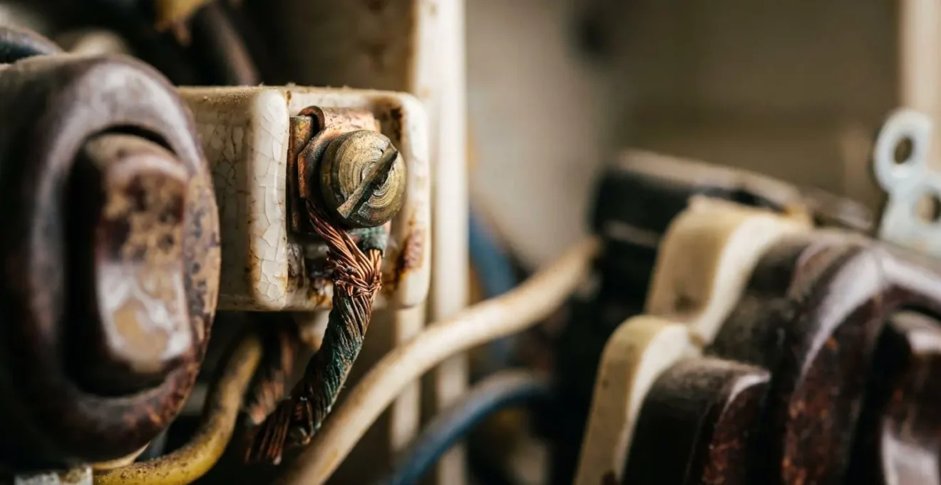 Gros plan sur une installation électrique domestique ancienne mais conforme aux normes de son époque